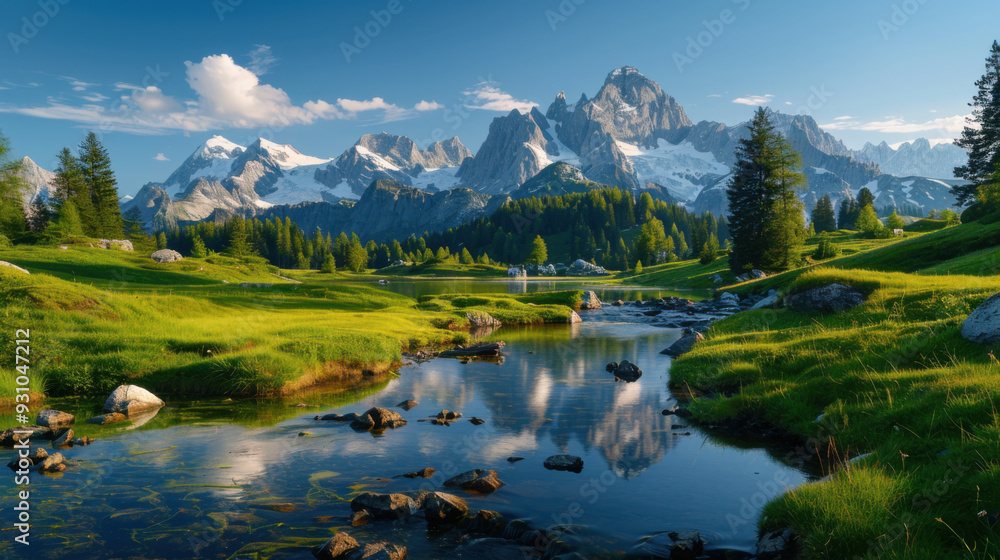 Fototapeta premium A picturesque mountain landscape featuring a clear stream flowing through green meadows, with snow-capped peaks in the background.