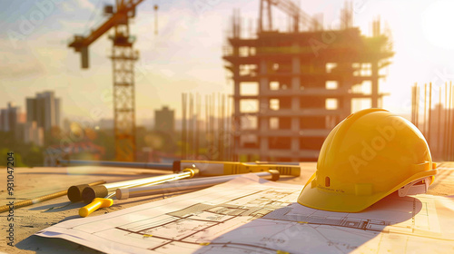 Construction site with blueprints and safety helmet at sunrise