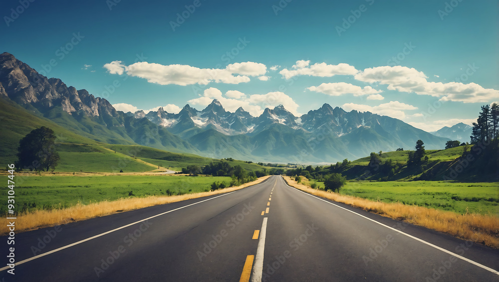 Naklejka premium Panoramic view of a winding asphalt highway through snow-capped mountains under a clear summer sky