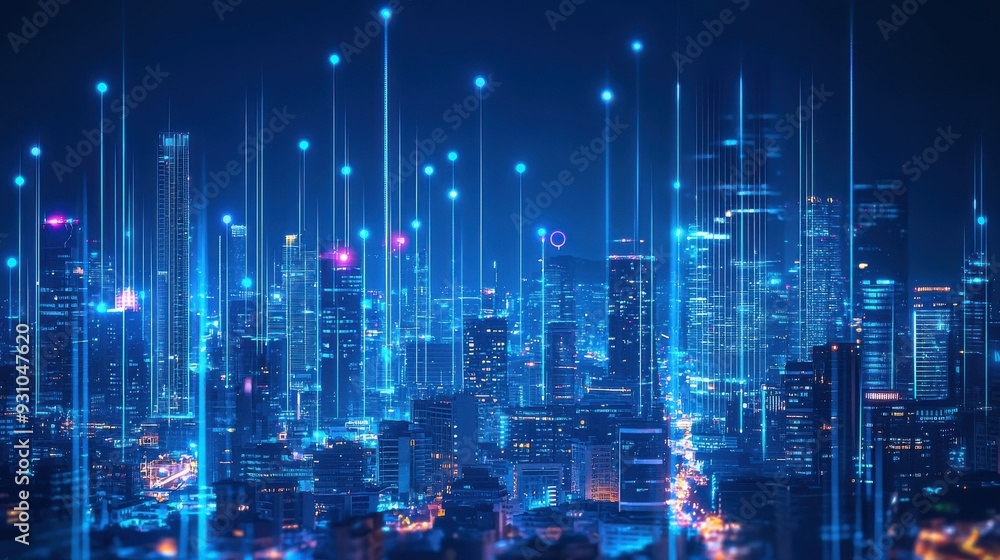 A city skyline at night illuminated by intelligent lighting systems powered by IoT green energy sources like solar panels on rooftops connected infrastructure ensuring efficient energy use AI-driven A city skyline at night illuminated by intelligent lighting systems powered by IoT green energy sources like solar panels on rooftops connected infrastructure ensuring efficient energy use AI-driven