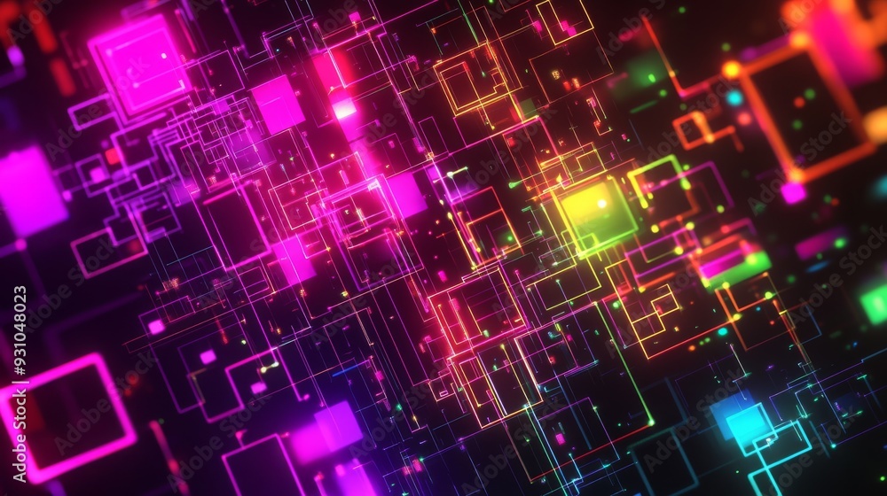 A digital background with colorful neon squares and circuit patterns A digital background with colorful neon squares and circuit patterns