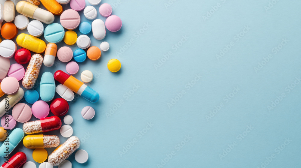 A variety of colorful pills and tablets scattered on a light blue background, representing medicine, healthcare, and pharmaceuticals. A variety of colorful pills and tablets scattered on a light blue background, representing medicine, healthcare, and pharmaceuticals.