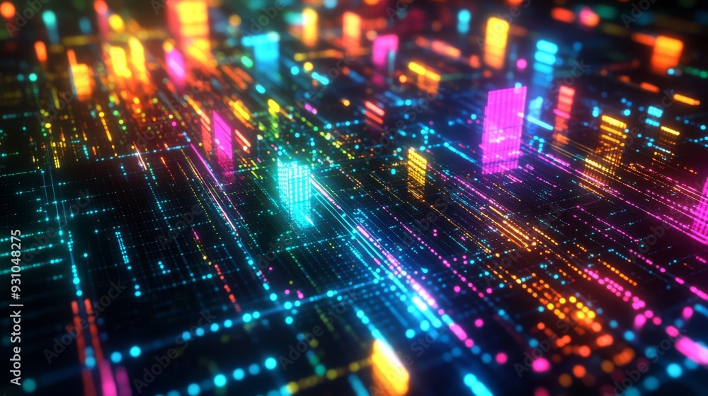A digital background with colorful neon squares and circuit patterns