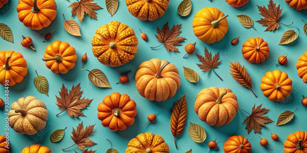 Autumn pattern featuring pumpkins and leaves on a blue background in retro style, autumn, pumpkins, leaves, blue background Autumn pattern featuring pumpkins and leaves on a blue background in retro style, autumn, pumpkins, leaves, blue background