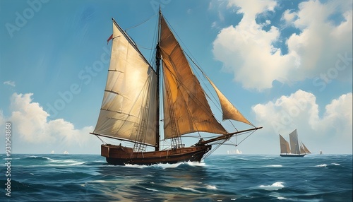 A sailboat is sailing in the sun, the sea is sparkling, and white clouds dot the blue sky.