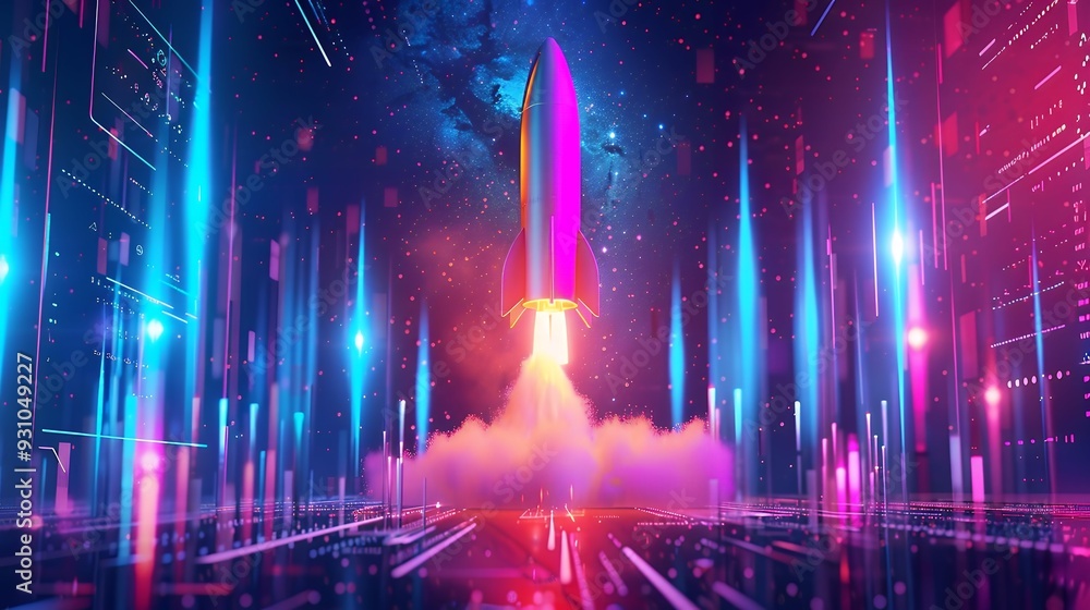 custom made wallpaper toronto digital3d illustration rocket space colorful holographic in dark background for Business start up and science concept