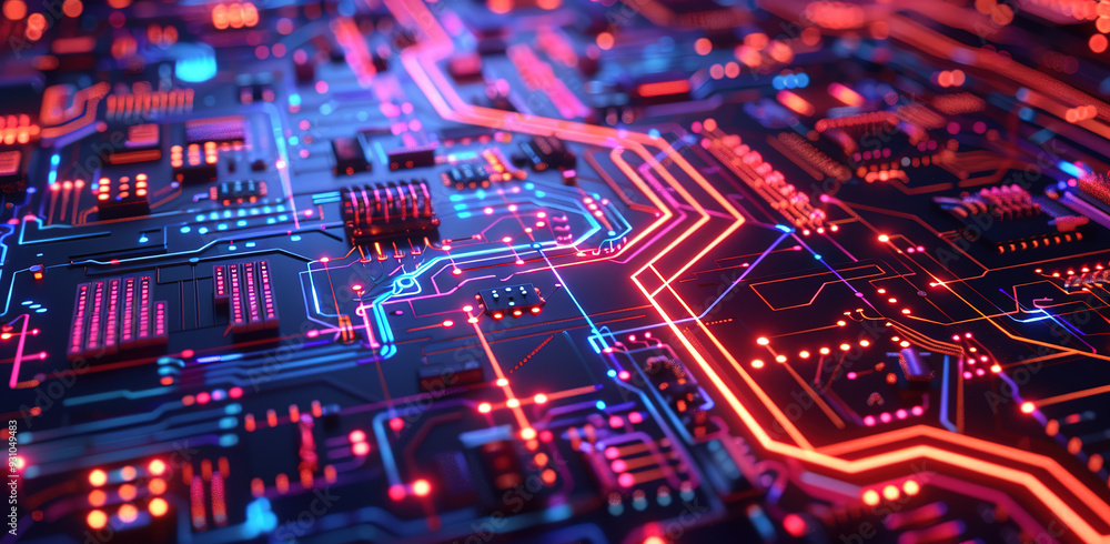 Detailed image of a glowing circuit board with neon lights on a dark background. Concept of technology and digital innovation