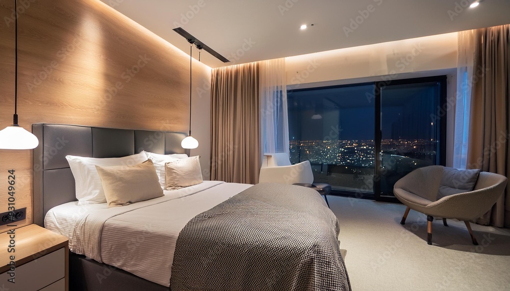 Light hotel bedroom interior with sleep and work zone, panoramic window Light hotel bedroom interior with sleep and work zone, panoramic window