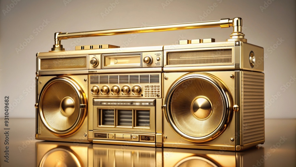 Fototapeta premium Cool and stunning American golden ghettoblaster on light background , music, retro, vintage, hip hop, urban, boombox