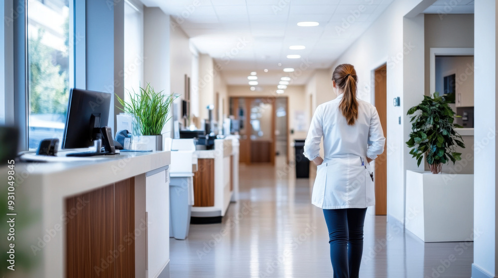 A healthcare worker in a lab coat walking down a modern, bright hospital corridor, emphasizing a clean and organized medical environment. A healthcare worker in a lab coat walking down a modern, bright hospital corridor, emphasizing a clean and organized medical environment.