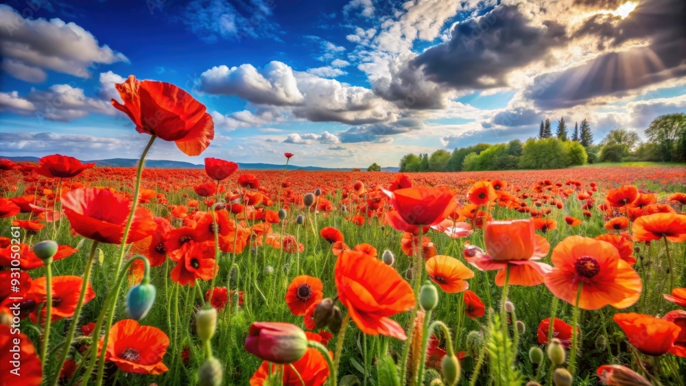 Fototapeta premium Vibrant poppy field in full bloom during the summer , poppies, flowers, red, field, landscape, nature, meadow, countryside
