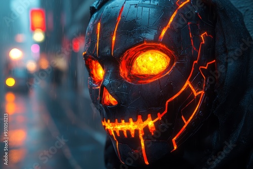 A hauntingly futuristic Halloween mask adorned wit 1012 fire, flame, burn, burning, hot, halloween, illustration, skull, ball, light, smoke, heat, design, symbol, orange, black, sun, vector, art, fier photo