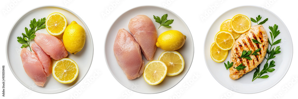 Fresh chicken fillets with lemon slices and herbs on white plates. Healthy cooking and meal preparation concept Fresh chicken fillets with lemon slices and herbs on white plates. Healthy cooking and meal preparation concept