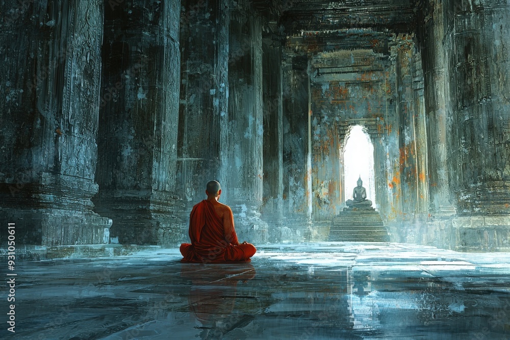 A serene monk meditating in a mystical temple, surrounded by ancient columns and soft light, embodying tranquility and reflection. A serene monk meditating in a mystical temple, surrounded by ancient columns and soft light, embodying tranquility and reflection.