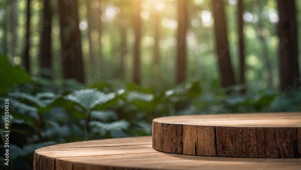 Old wooden table in a sunlit forest clearing with grass and trees around it Old wooden table in a sunlit forest clearing with grass and trees around it