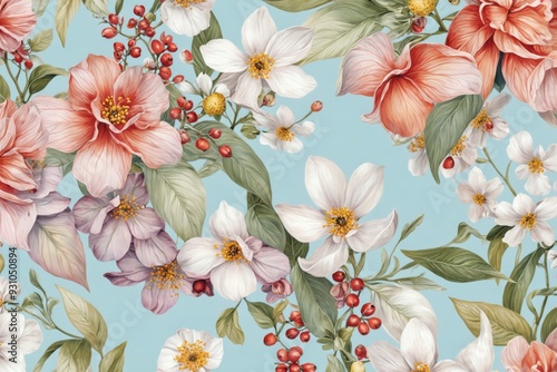 Seamless pattern colorful flowers leaves light blue background T