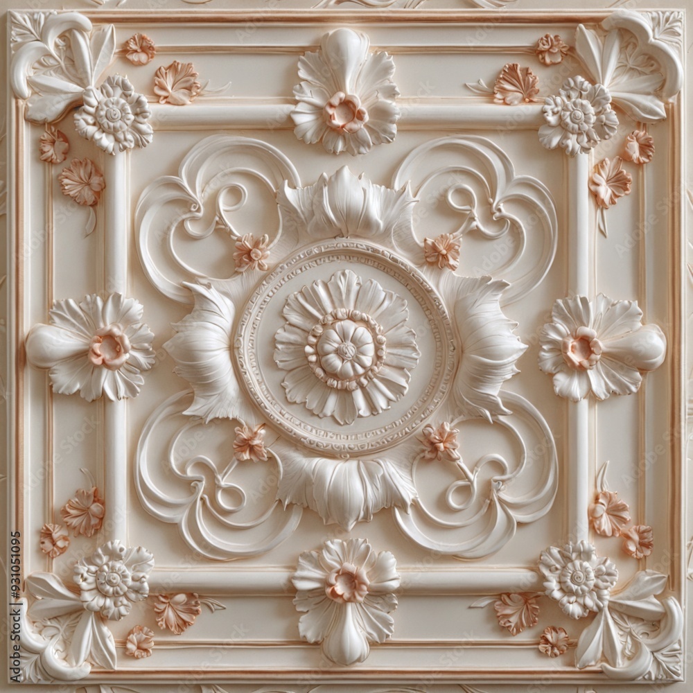 Square-shaped decorative panel ornate design made white plaster Square-shaped decorative panel ornate design made white plaster