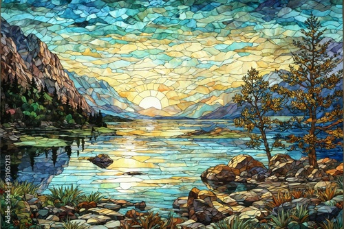 Stained glass window panel depicting beautiful landscape backgro