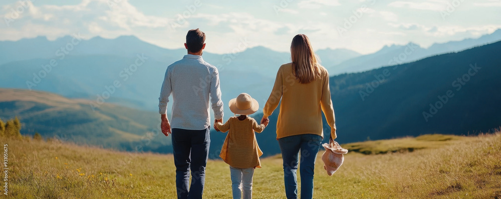 Obraz premium Family of three enjoying a nature walk on a sunny day, with scenic mountain views in the background, symbolizing togetherness.