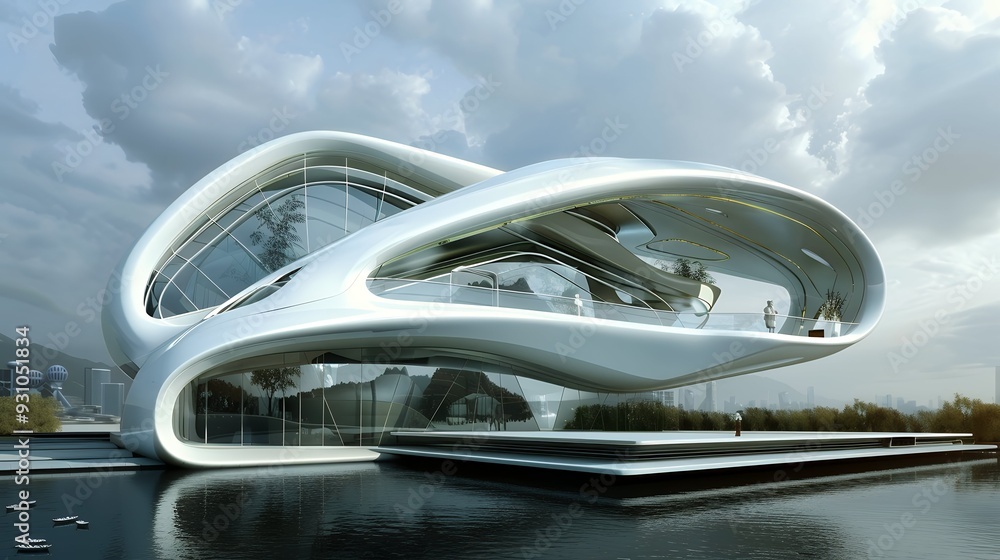 Design a picture of a futuristic building with curved lines and advanced materials, depicting the visionary architecture of tomorrow. Design a picture of a futuristic building with curved lines and advanced materials, depicting the visionary architecture of tomorrow.