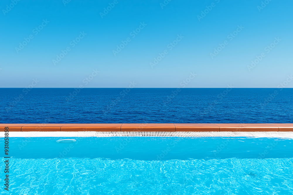 Fototapeta premium A tranquil swimming pool overlooking a vast blue ocean under a clear sky, perfect for relaxation and summer vibes.