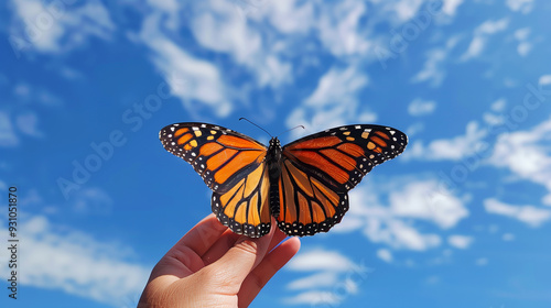 Hand releasing a monarch butterfly into the sky with a background of clouds photo