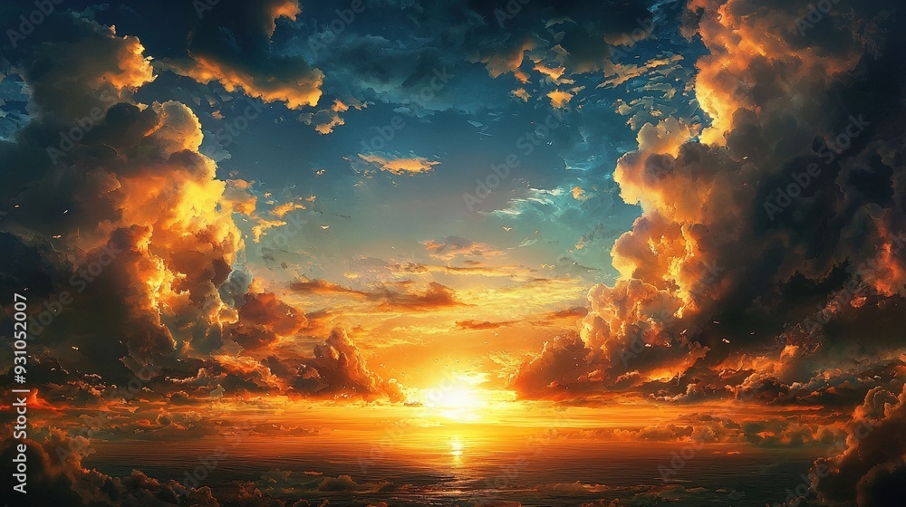 Vibrant sunset over tranquil ocean, dramatic clouds reflecting warm colors. serene moment inspires peace reflection. Vibrant sunset over tranquil ocean, dramatic clouds reflecting warm colors. serene moment inspires peace reflection.
