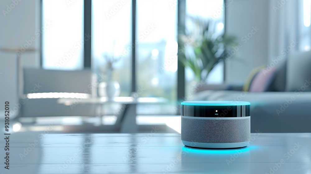 futuristic generic smart home iot assistant device with modern bright room background as wide banner mockup with copyspace area.