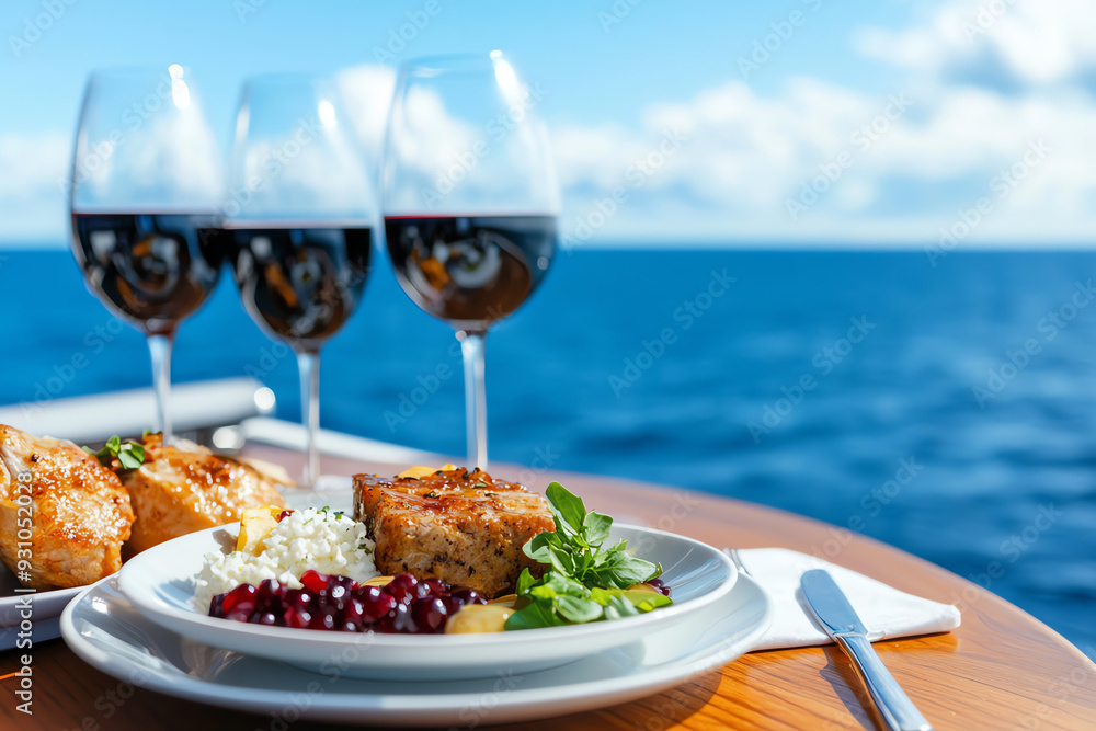 Elegant dining experience by the sea, featuring delicious food and fine wine against a stunning ocean backdrop. Elegant dining experience by the sea, featuring delicious food and fine wine against a stunning ocean backdrop.