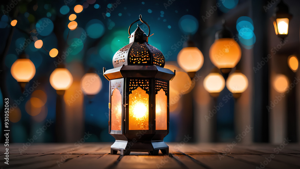 Ramadan lantern with bokeh lights Glowing Islamic lantern at night Ramadan lantern with bokeh lights Glowing Islamic lantern at night
