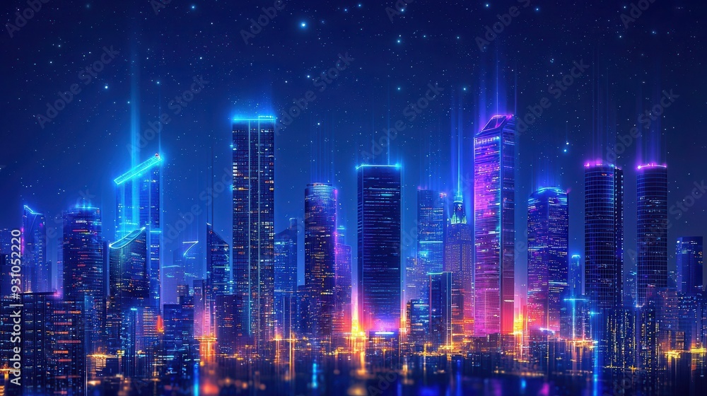 A smart city skyline at night illuminated by intelligent lighting systems powered by IoT green energy sources like solar panels on rooftops connected infrastructure ensuring efficient energy use A smart city skyline at night illuminated by intelligent lighting systems powered by IoT green energy sources like solar panels on rooftops connected infrastructure ensuring efficient energy use