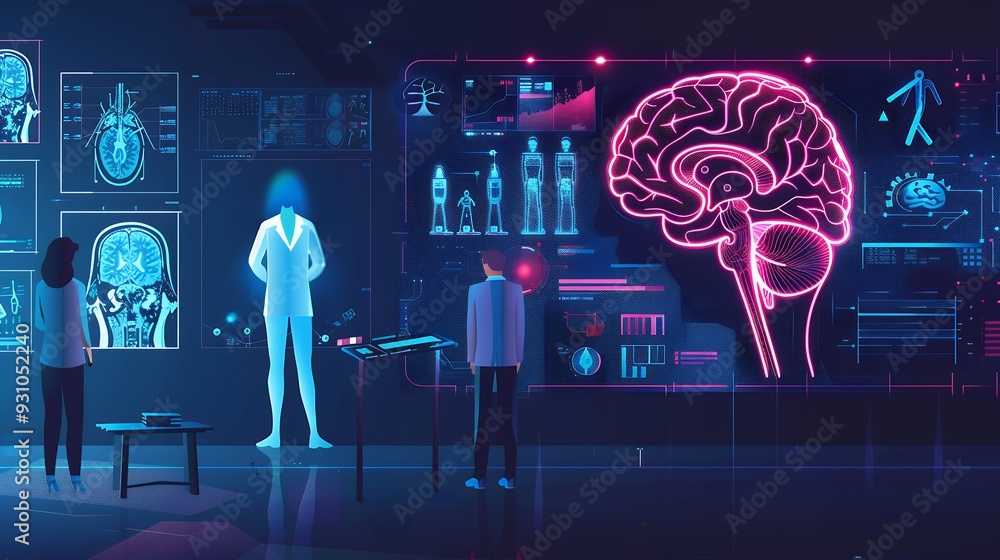 Fototapeta premium futuristic medical research of brain neural nerve system health care with diagnosis infographic biometrics for clinical hospital x-ray and alzheimer treatment, banner with copyspace.