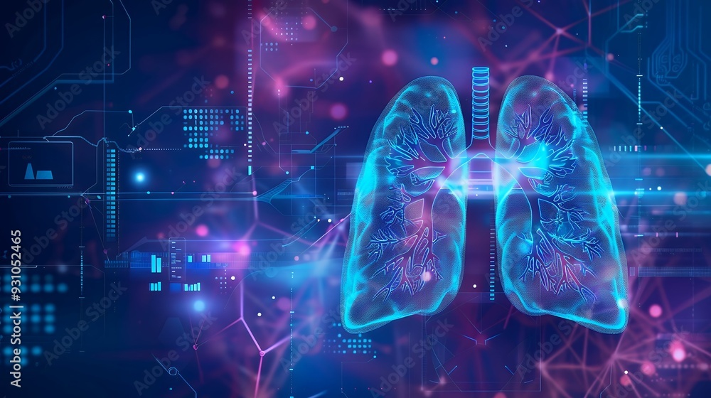 futuristic medical research or lungs health care with diagnosis and vitals biometrics for clinical hospital asthma and respiratory cancer and disease tests services as wide banner. futuristic medical research or lungs health care with diagnosis and vitals biometrics for clinical hospital asthma and respiratory cancer and disease tests services as wide banner.