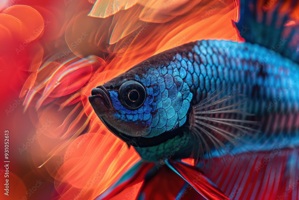 Close-up of a vibrant blue and black fish with a red background. Close-up of a vibrant blue and black fish with a red background.