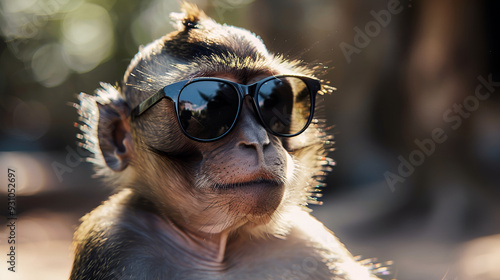 a monkey wearing sunglasses ,funny monkey with sunglasses on narural background ,Sunny day ,Summer concept ,Portrait of a cute monkey with sunglasses on a sunny day