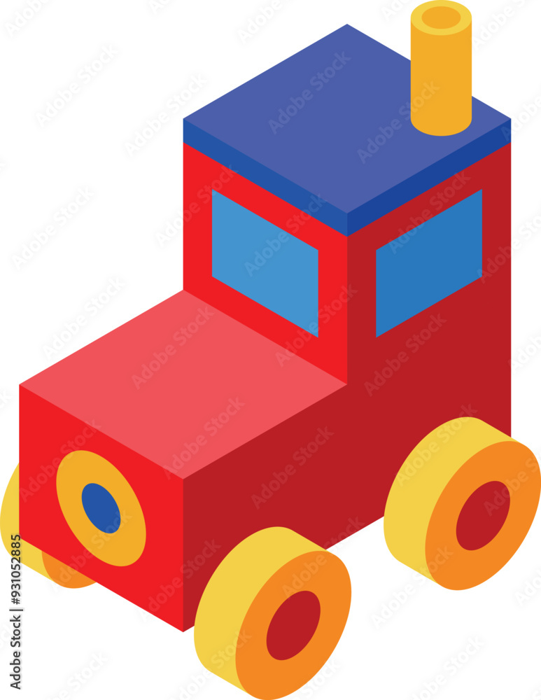 Red toy tractor with yellow wheels standing on a white background, isometric view Red toy tractor with yellow wheels standing on a white background, isometric view