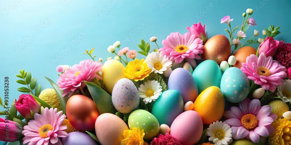 Easter eggs nestled among colorful flowers on a soft blue background, spring, Easter, eggs, flowers, pastel, blue Easter eggs nestled among colorful flowers on a soft blue background, spring, Easter, eggs, flowers, pastel, blue