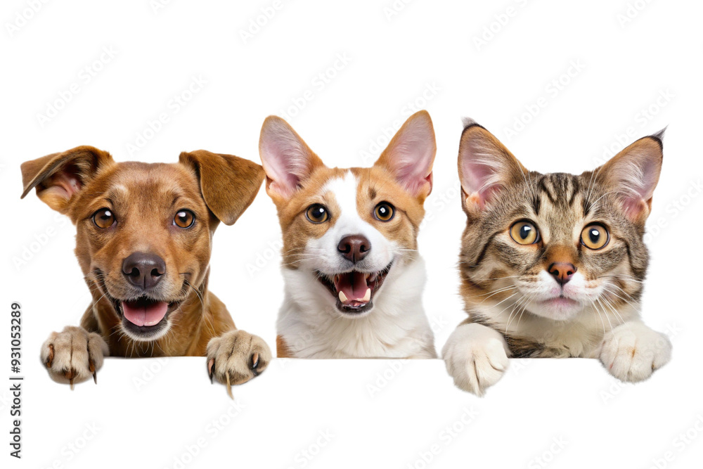 Smiling Dog and Cat Peeking over Blank White Board Smiling Dog and Cat Peeking over Blank White Board