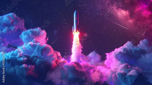 3d illustration rocket space colorful holographic in dark background for Business start up and science concept