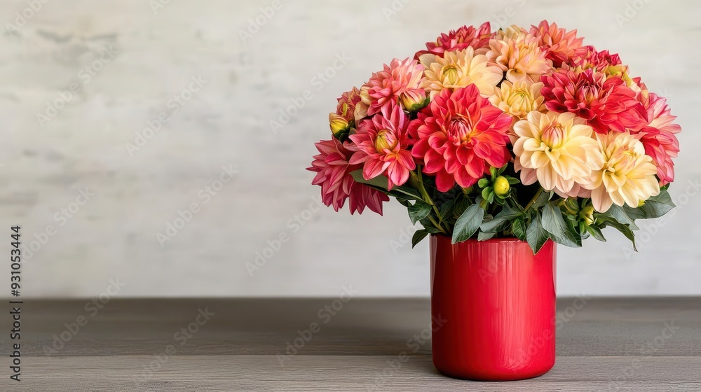 A vibrant arrangement of dahlias in a bright red vase, making a bold statement, dahlias, red vase, bold A vibrant arrangement of dahlias in a bright red vase, making a bold statement, dahlias, red vase, bold