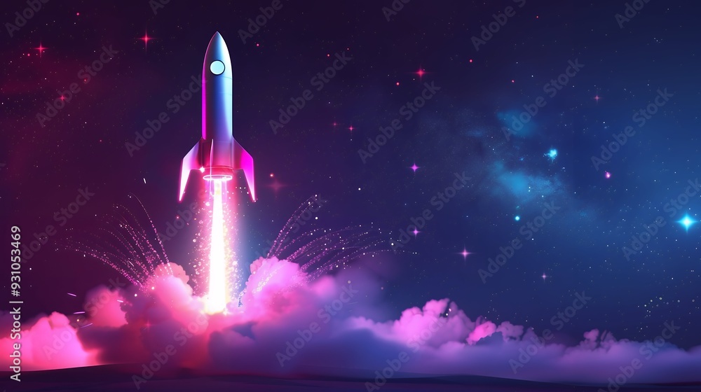 Fototapeta premium 3d illustration rocket space colorful holographic in dark background for Business start up and science concept