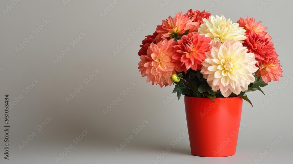 custom made wallpaper toronto digitalA vibrant arrangement of dahlias in a bright red vase, making a bold statement, dahlias, red vase, bold