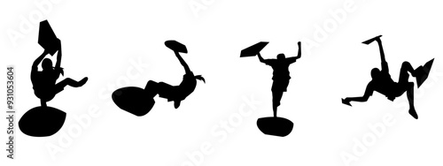 wall climbing, rock climbing, silhouette set. sport, extreme, bouldering. different actions, poses. vector illustration.