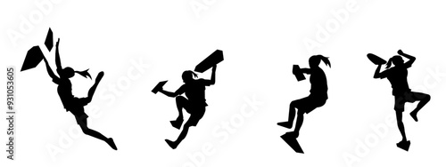 wall climbing, rock climbing, silhouette set. sport, extreme, bouldering. different actions, poses. vector illustration.