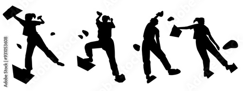 wall climbing, rock climbing, silhouette set. sport, extreme, bouldering. different actions, poses. vector illustration.