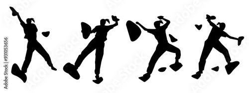wall climbing, rock climbing, silhouette set. sport, extreme, bouldering. different actions, poses. vector illustration.