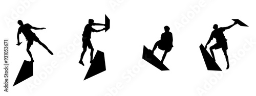 wall climbing, rock climbing, silhouette set. sport, extreme, bouldering. different actions, poses. vector illustration.