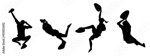 wall climbing, rock climbing, silhouette set. sport, extreme, bouldering. different actions, poses. vector illustration.