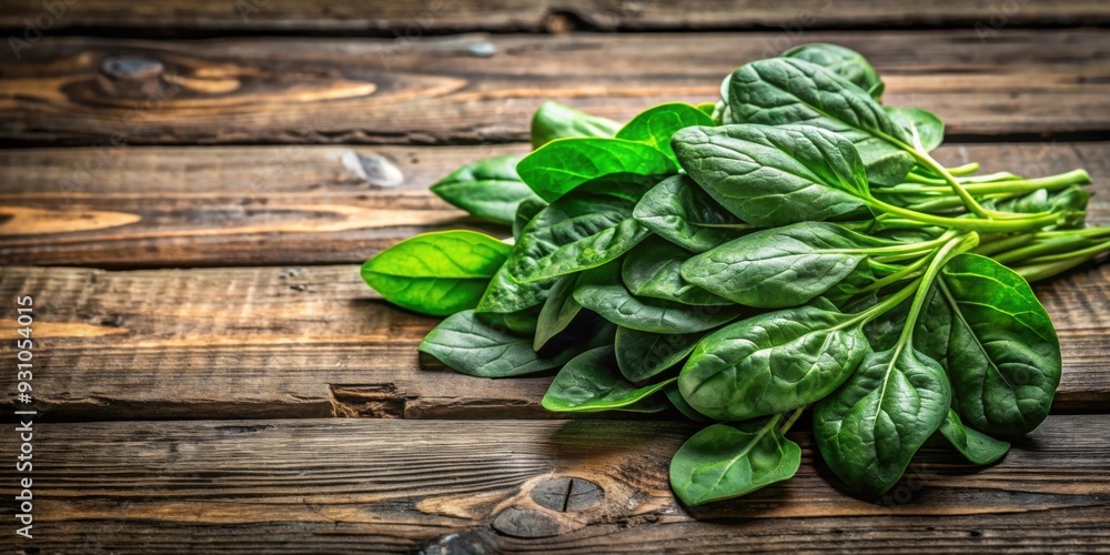Fototapeta premium Fresh spinach leaves on a rustic wooden table, spinach, green, vegetable, healthy, organic, farm, natural, leafy