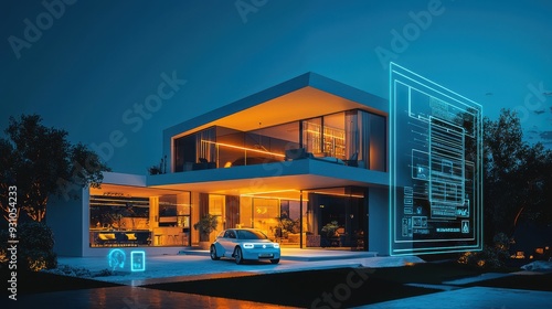 A futuristic smart home with integrated AI systems managing security lighting and entertainment sleek modern design with seamless tech integration comfortable and tech-savvy environment AI-driven